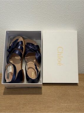 Chloe Girls' Navy Bow Ankle-Strap Sandals